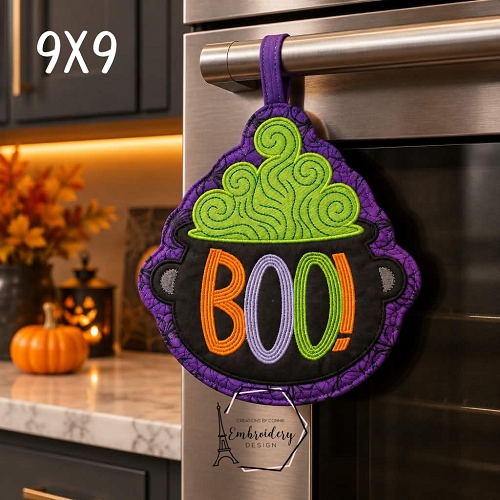 Boo! Cauldron Hot Pad Embroidery Design - 9x9